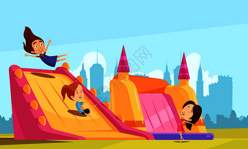 蹦床蹦床蹦床上少女的跳跃蹦床合,平坦的城市景观背景天空矢量插图弹城堡平构图图片