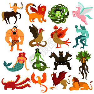 神话中的生物人物五颜六色的与美人鱼飞马半人马嵌合体龙环带戈尔贡梅杜莎矢量插图神话中的生物图片