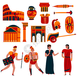 古罗马帝国套图标扁平的人类人物战士人民矢量插图古罗马图标集图片