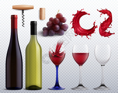 葡萄酒逼真透明与葡萄璃分离矢量插图葡萄酒透明套装图片