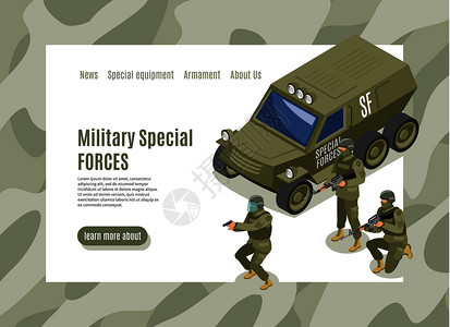 事特种部队等距网页与菜单界队车辆与士兵矢量插图事特种部队网页图片