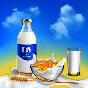 健康早餐与天然牛奶谷物薄片碗现实构图蓝天背景矢量插图牛奶逼真的成分图片
