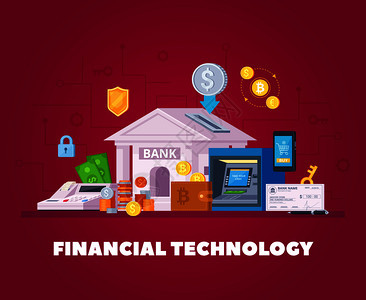 金融机构电子技术平正交合背景海报与银行交易智能手机网上购物矢量插图金融技术扁平化构成图片