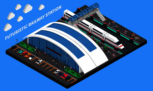 未来主义火车站等距成与宽敞的车站速度列车高架行人过路矢量插图未来主义火车站等距成图片