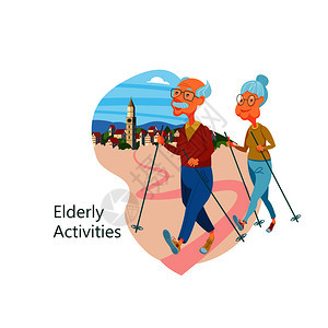 老人事北欧步行祖父祖母过着健康的生活方式他事体育徒步旅行矢量插图图片