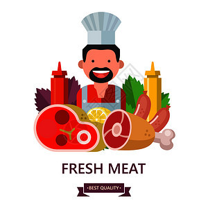 新鲜的肉矢量插图环保产品农产品套同的肉制品屠夫图片