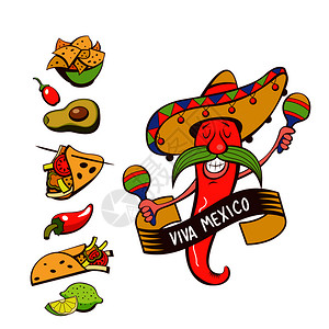 红辣椒顶帽子里马拉卡斯跳舞墨西哥食物套流行的墨西哥菜,快餐矢量插图菜单模板,标志图片