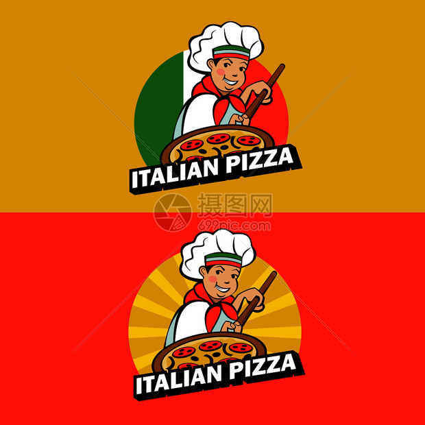 可爱的意大利厨师正美味的比萨饼比萨饼店的矢量标志名片布局图片