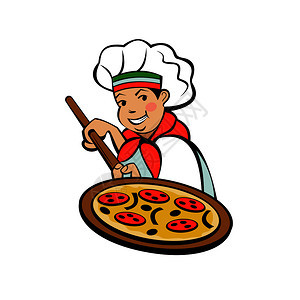 可爱的意大利厨师正美味的比萨饼比萨饼店的矢量标志名片布局图片