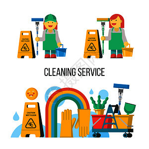 清洁服务清洁用具穿着工作服的拖把水桶的专业女佣黄色湿地板标志图片