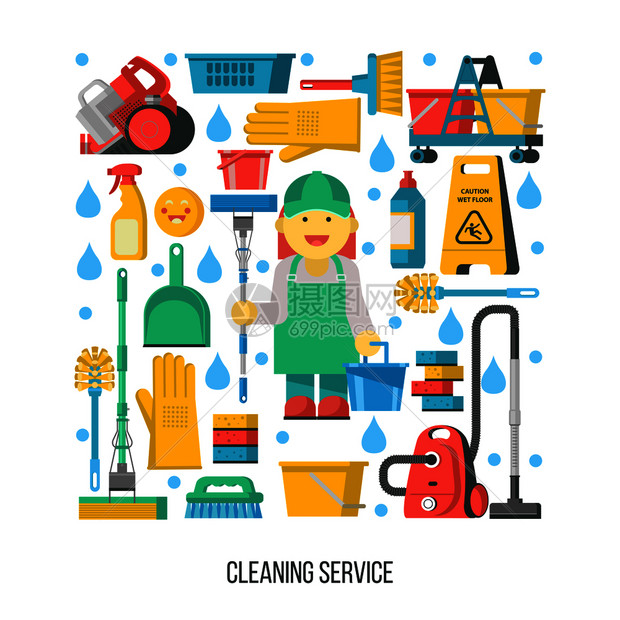 清洁服务以矩形形状排列的清洁图标构图的中心,个穿着工作服的专业女佣,带着拖把水桶图片