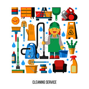 清洁服务以矩形形状排列的清洁图标构图的中心,个穿着工作服的专业女佣,带着吸尘器水桶图片