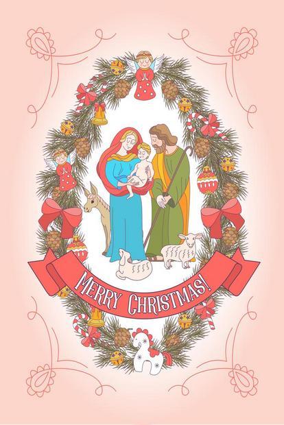诞快乐矢量贺卡母玛利亚,婴儿耶稣约瑟夫订婚用诞装饰品装饰的冷杉树枝的花环图片
