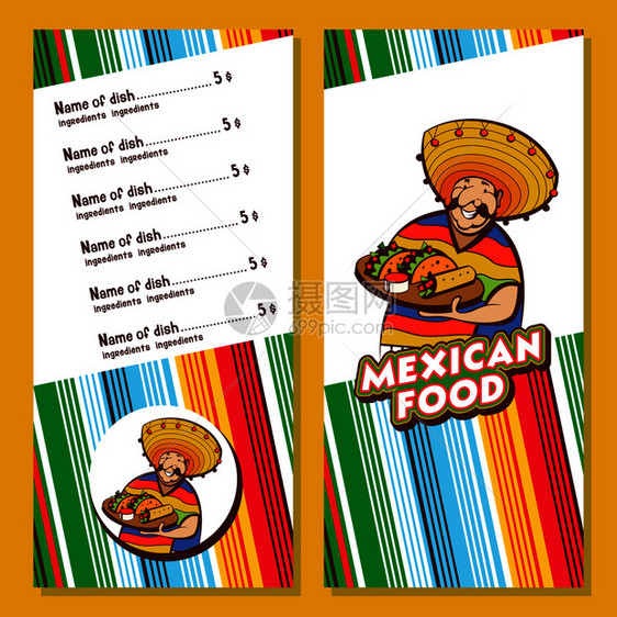 墨西哥食物流行的墨西哥食品,快餐穿着斗篷睡衣的趣的墨西哥人矢量插图墨西哥餐厅菜单的布局图片