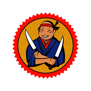 日本厨师穿服,带两把刀日本餐厅的矢量标志图片