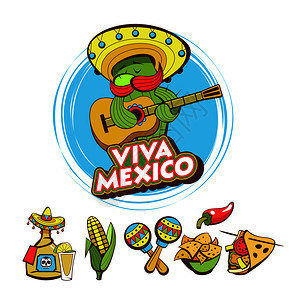 套流行的墨西哥快餐菜肴趣的仙人掌桑布列罗弹吉他卡通风格的矢量插图图片