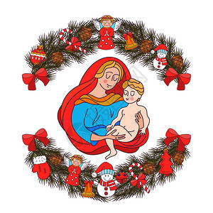 诞快乐矢量诞卡冷杉花环装饰诞装饰品,天,球,锥,铃铛母玛利亚抱着婴儿耶稣图片