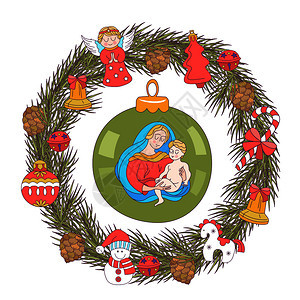 诞快乐矢量诞卡冷杉花环装饰诞装饰品,天,球,锥,铃铛母玛利亚抱着婴儿耶稣图片