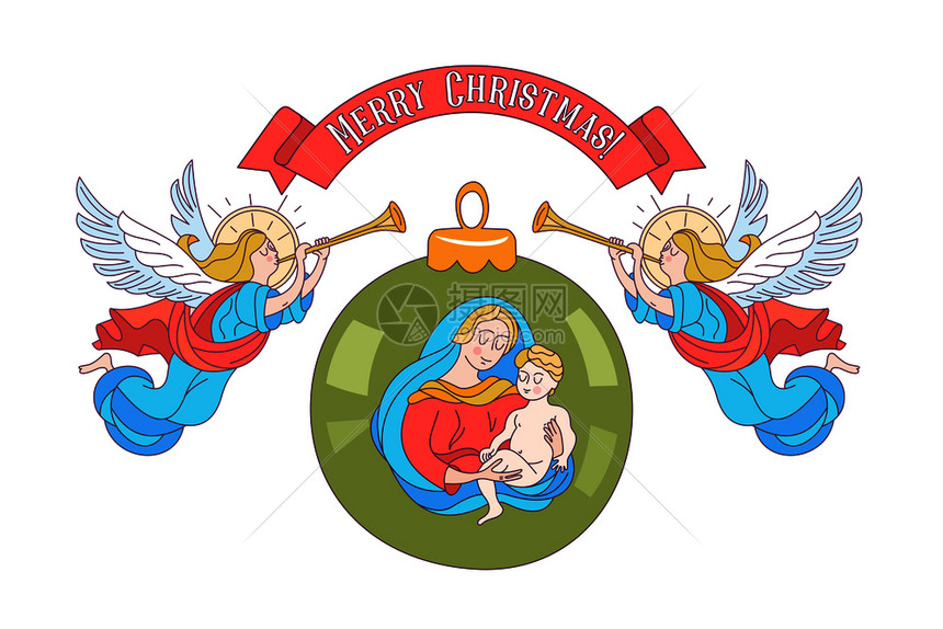 诞快乐矢量明信片,插图天号白色背景上隔离诞装饰球与母玛丽亚麦当娜的形象与婴儿耶稣图片