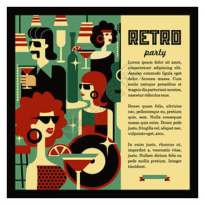 复古派男女穿着时尚,7080的风格饮料,眼镜,乙烯基唱片酒吧里的场景海报风格为7080复古风格的矢图片