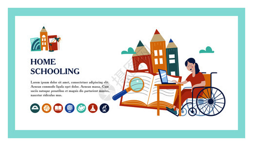 家庭教育女孩个残疾人,坐轮椅上,家接受教育登陆页的模板线学矢量插图家庭教育的家庭教图片