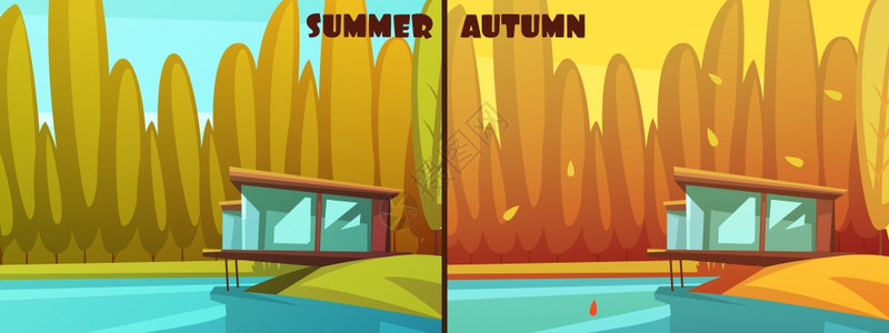水乳套装自然夏秋复古卡通套装自然公园户外2个季节复古卡通风格图片为夏季秋季图标孤立矢量插图插画