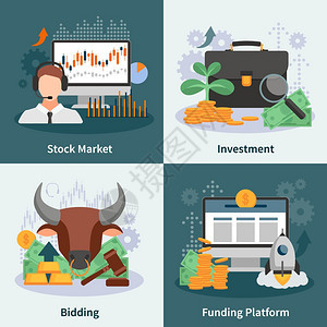 投资交易2x2理念投资交易2x2与经纪人投标市场利率风险投资图像平矢量插图图片