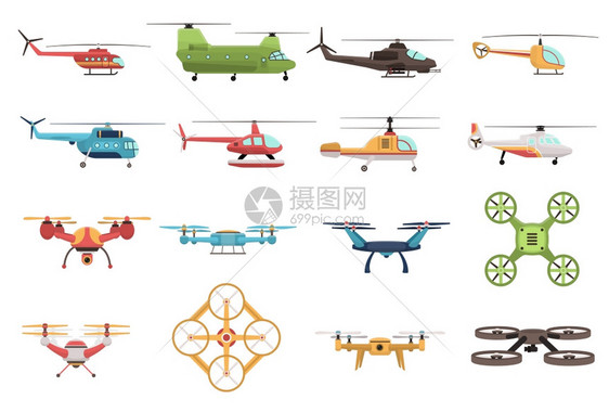 直升机无人机集合彩色图标集事民用直升机各种修改无人机白色背景孤立矢量插图图片