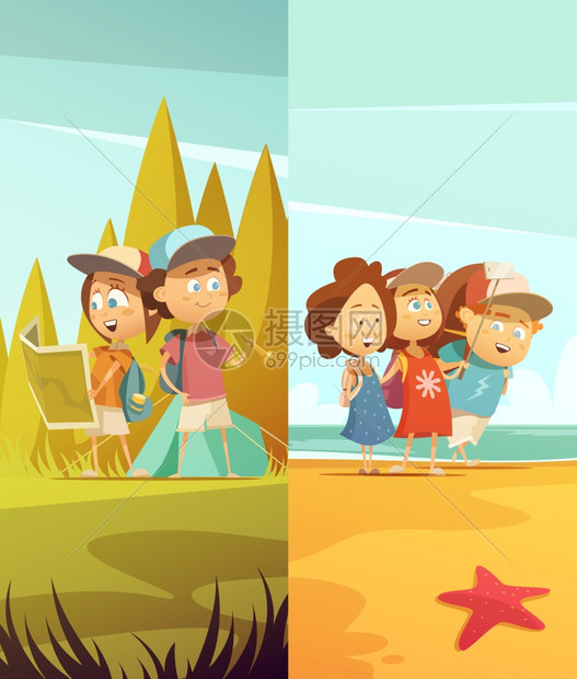 野营儿童垂直横幅野营儿童垂直横幅森林海滩符号卡通孤立矢量插图图片