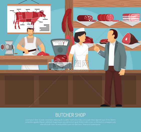 肉店平海报肉店与复古鳞片香肠客户购买牛肉腰部切割平矢量插图图片
