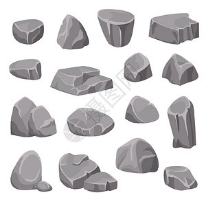 岩石石头元素岩石石头平元素,同的形状阴影的灰色白色背景等距矢量插图矿物高清图片素材