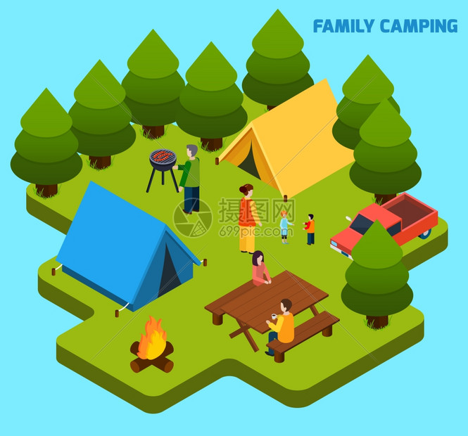 野营旅行等距成野营旅行等距成与家庭休息森林浅蓝色背景矢量插图图片