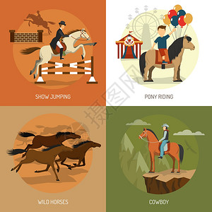 马品种4图标广场马种4平图标广场与马术表演跳跃小马骑抽象孤立矢量插图图片