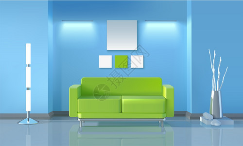 现代客厅现代客厅写实与绿色沙发灯具矢量插图图片