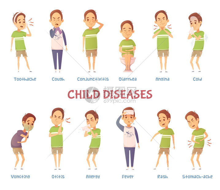 儿童疾病字符集卡通男孩角色患同的症状,文字标题描述疾病类型的矢量插图图片
