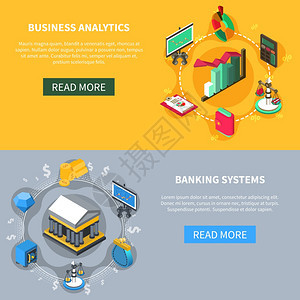 财务等距图标横幅商业分析银行系统金融等距图标横幅图表,货币尺度符号矢量插图图片