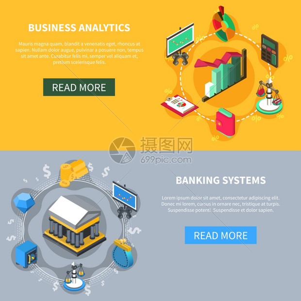 财务等距图标横幅商业分析银行系统金融等距图标横幅图表,货币尺度符号矢量插图图片