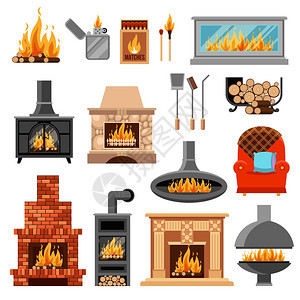 壁炉图标平图标与各种类型的壁炉工具照明火灾扶手椅隔离白色背景矢量插图图片