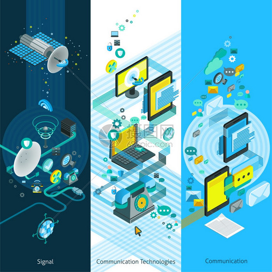 电信等距垂直横幅电信等距垂直横幅与全球网络元素,现代通信设备云技术矢量插图图片
