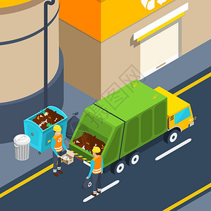 垃圾收集等距海报垃圾收集器工作场景与废物容器特殊卡车附近的工厂等距海报矢量插图图片