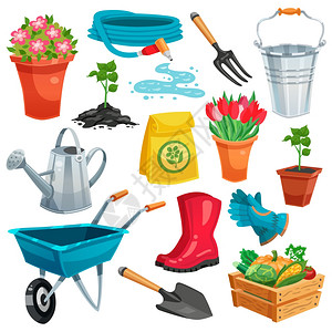花园集芽库存花园桶浇水可以橡胶靴发芽锅机蔬菜容器彩色孤立图标平矢量插图图片