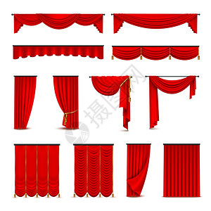 豪华红色窗帘窗帘写实套豪华红色丝绸天鹅绒窗帘窗帘室内装饰思想,现实图标收集矢量插图图片