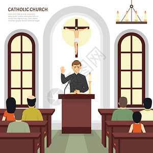 天主教牧师彩色平插图描绘天主教牧师十字架矢量插图图片