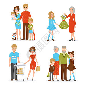 大家庭图标幸福大家庭装饰收藏与母亲,父亲,女儿,儿子,新生儿,祖父祖母平图标矢量插图图片