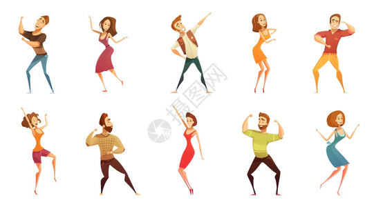跳舞的人趣的卡通图标跳舞的人趣的卡通风格的图标收集与男女自由运动构成矢量插图图片