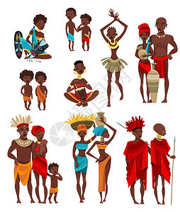 非洲人服装平图标收藏非洲传统部落服装成人儿童仪式服装平图标收集矢量插图背景图片