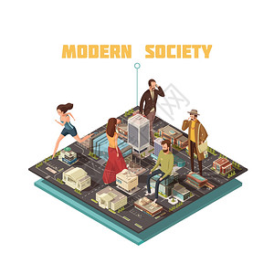 等距的人社会现代城市社会,人们同的职业等距矢量插图背景图片