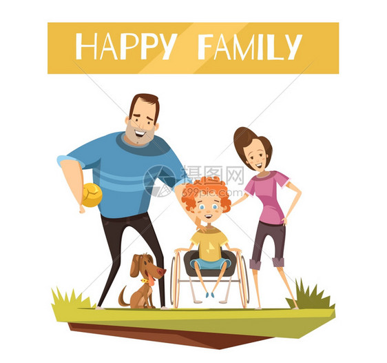 带着残疾孩子插图的幸福家庭幸福的家庭与残疾儿童轮椅狗散步卡通复古风格矢量插图图片