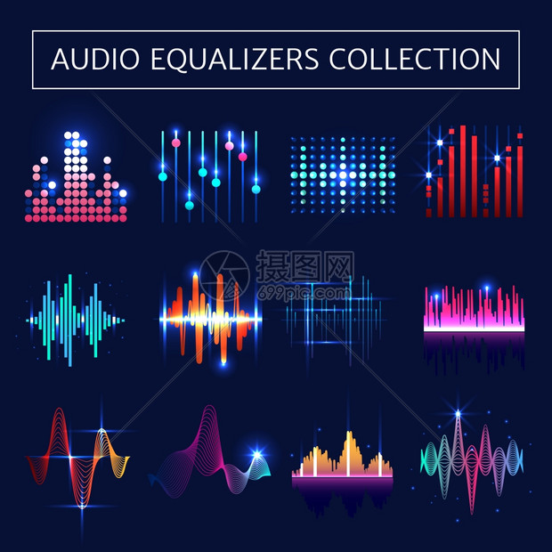 音频均衡器霓虹灯集明亮的音频均衡器霓虹灯声波符号蓝色背景平孤立矢量插图图片