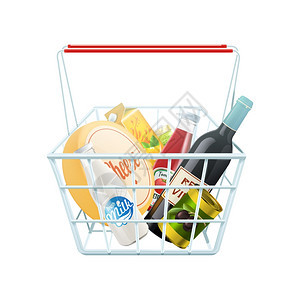 购物篮的购物篮与葡萄酒奶酪番茄酱现实矢量插图图片